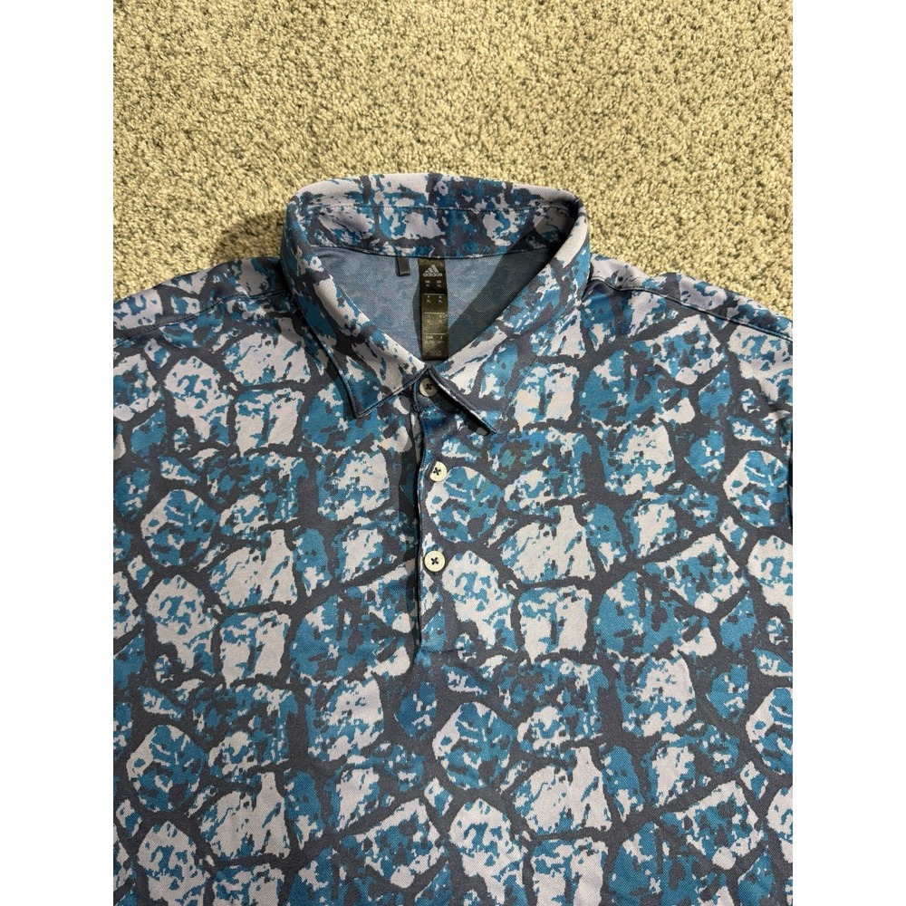 Adidas Golf Polo Shirt All Over Print Geometric Camo Blue Short‎ Sleeve Men's XL
